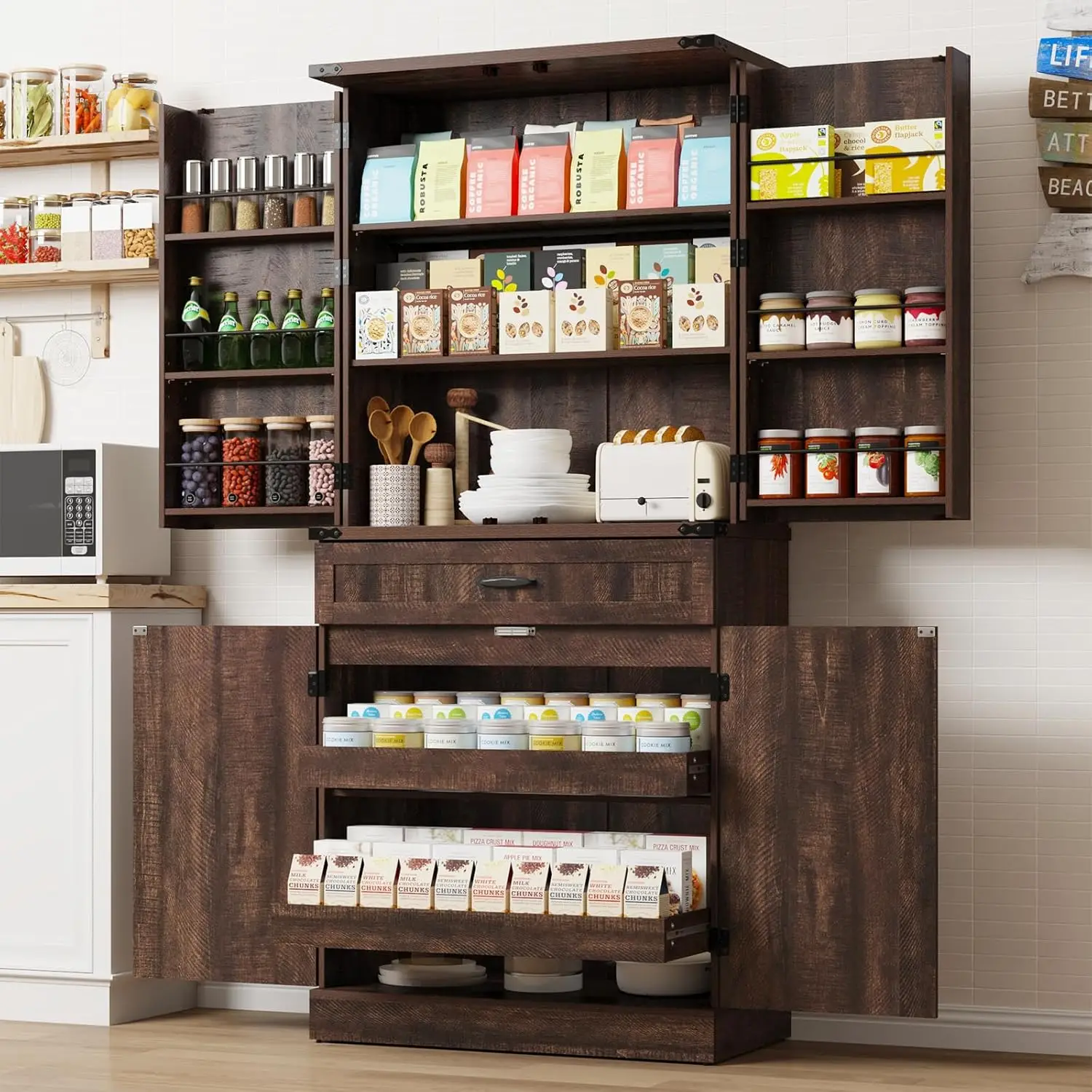 Tall Kitchen Cabinet with 3 Drawers and 6 Barn Door Shelves, Adjustable Steel Pipe Support, Brown
Tall Kitchen Cabinet with 3 Drawers and 6 Barn Door Shelves, Adjustable Steel Pipe Support, Brown