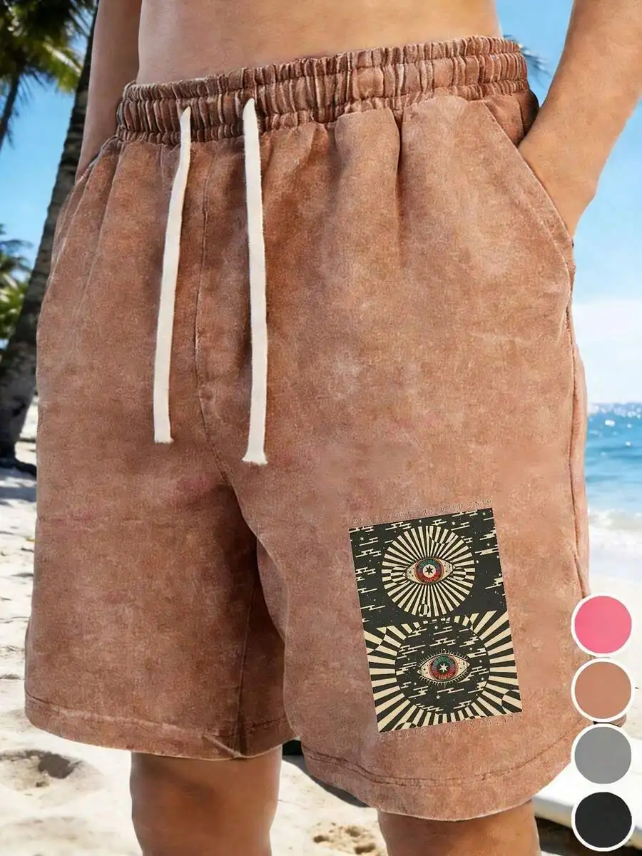 Mens Washed Cotton Drawstring Shorts With Eye Print, Loose Fit Elastic Waist Beach Casual Shorts
Mens Washed Cotton Drawstring Shorts With Eye Print, Loose Fit Elastic Waist Beach Casual Shorts