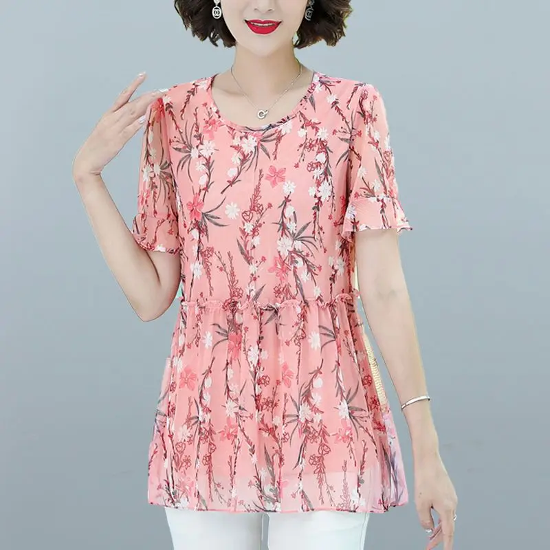 Elegant Mommy Style Summer New Fashion Floral Print Short Sleeve Chiffon Top Belly Covering Slimming Women's T-shirt
Elegant Mommy Style Summer New Fashion Floral Print Short Sleeve Chiffon Top Belly Covering Slimming Women's T-shirt