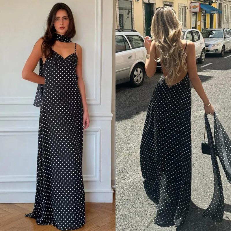 Polka Dot V Neck Backless Halter Maxi Dress For Women Elegant Scarf Ribbon Detail Vintage Slim Fit Long Dress Evening Party Wea
Polka Dot V Neck Backless Halter Maxi Dress For Women Elegant Scarf Ribbon Detail Vintage Slim Fit Long Dress Evening Party Wea