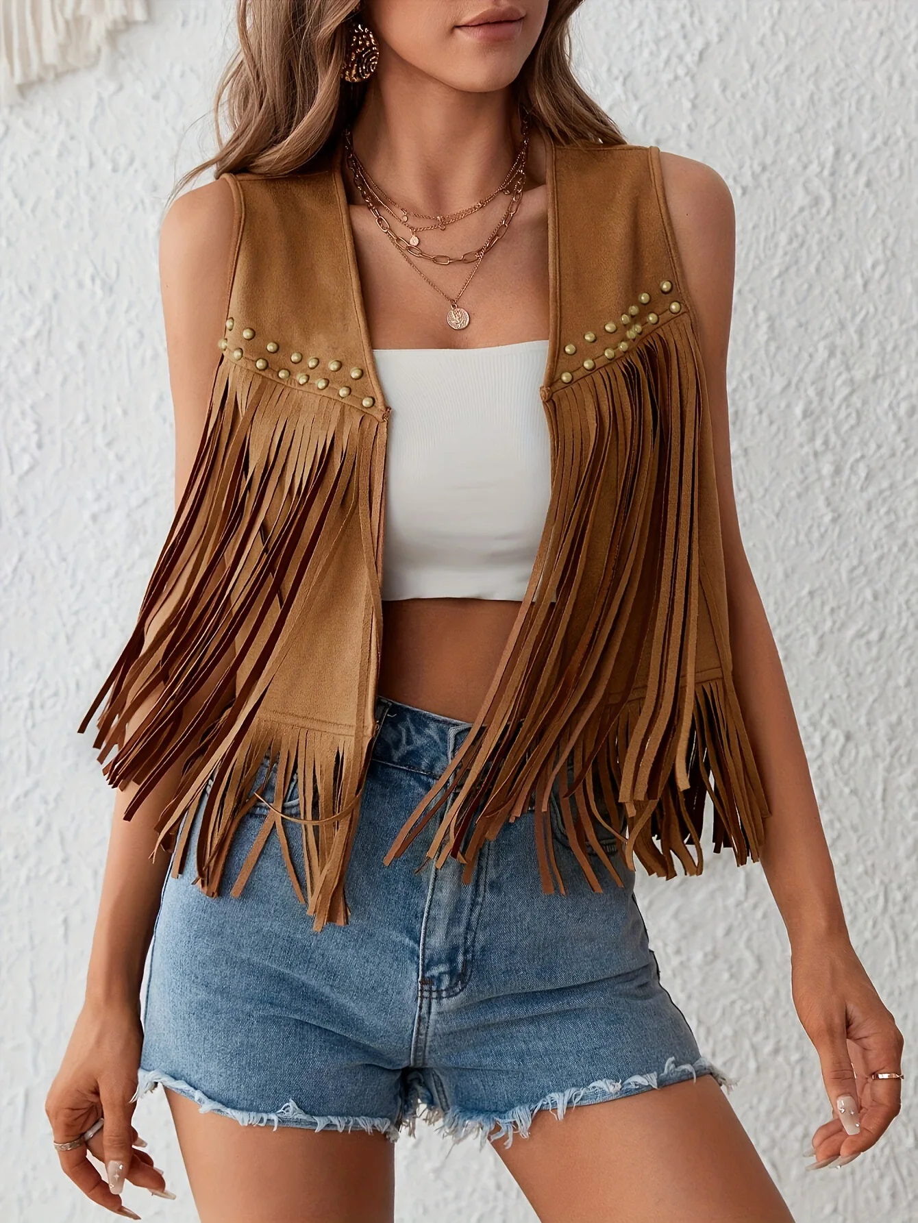 Vintage Women Tassel Vest Faux Suede Rivets Sleeveless Outerwear Fringe Jacket Buttonless Cowgirl Waistcoat Streetwear
Vintage Women Tassel Vest Faux Suede Rivets Sleeveless Outerwear Fringe Jacket Buttonless Cowgirl Waistcoat Streetwear