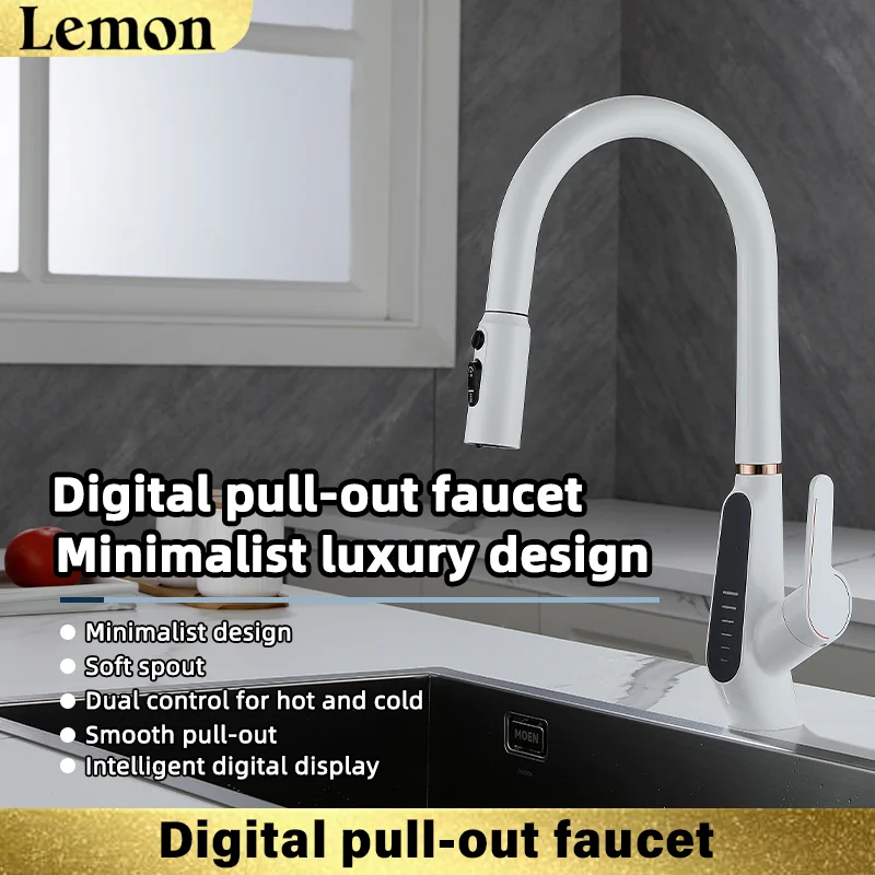 Kitchen digital display pull-out faucet, smooth pull-out, ceramic spool, hot and cold dual-control kitchen dedicated
Kitchen digital display pull-out faucet, smooth pull-out, ceramic spool, hot and cold dual-control kitchen dedicated