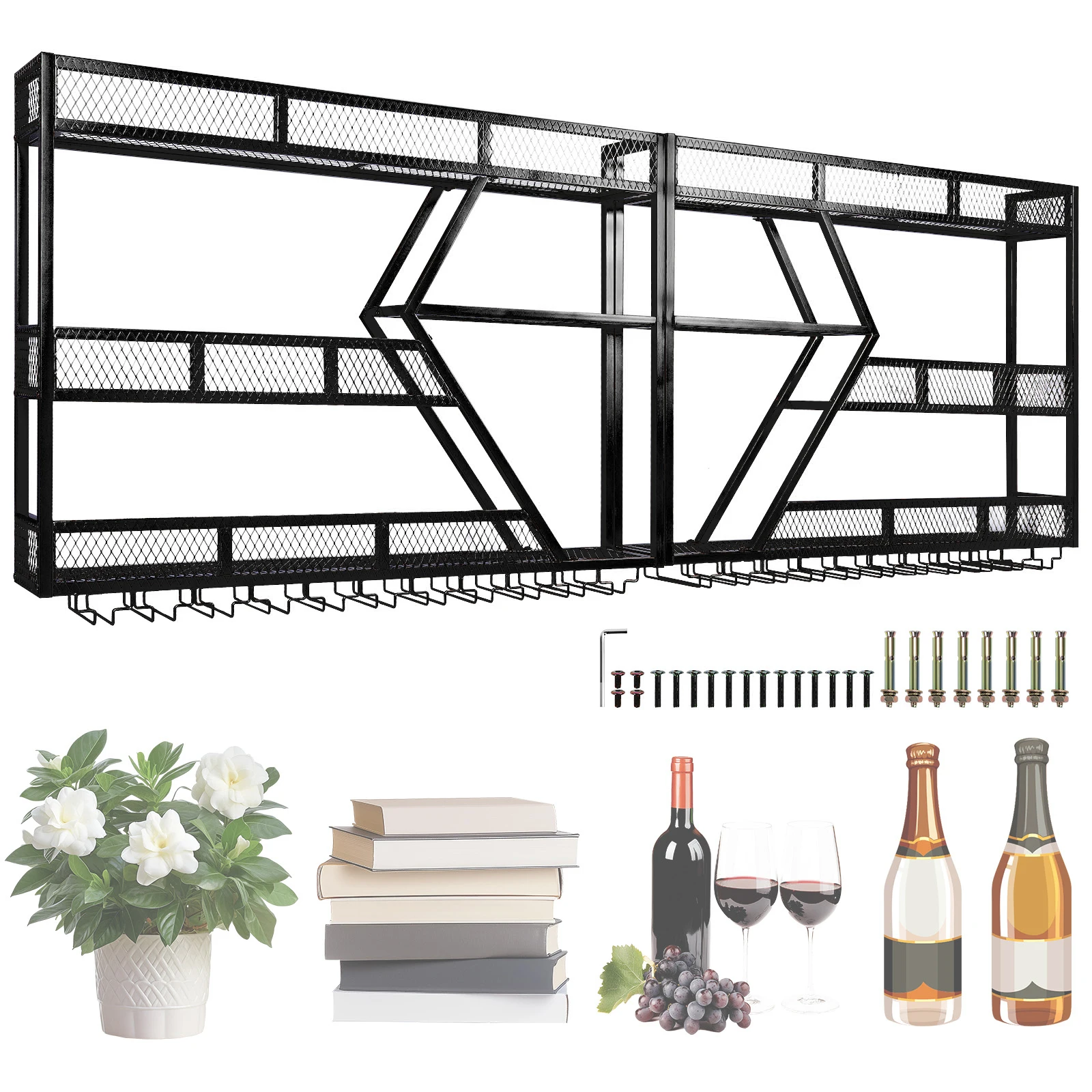3/4 Tier Wall Mounted Wine Holder Metal Hanging Wine Bottles Display Shelf with Glass Holder for Kitchen Dining Room Home
3/4 Tier Wall Mounted Wine Holder Metal Hanging Wine Bottles Display Shelf with Glass Holder for Kitchen Dining Room Home