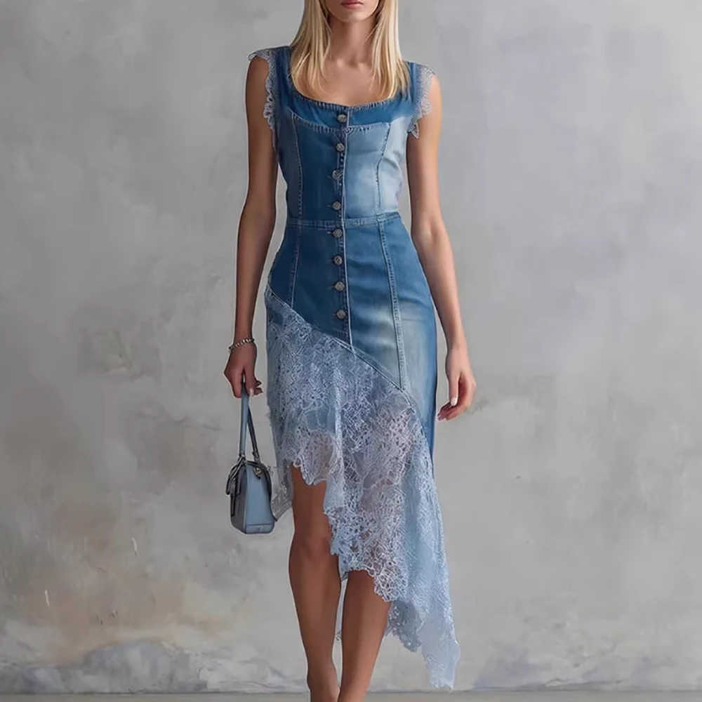 Women's Elegant Lace Sheer Denim Midi Dress Crew Neck Sleeveless Slim Button Trim Dress Asymmetrical Mesh Hem Chic Long Dresses
Women's Elegant Lace Sheer Denim Midi Dress Crew Neck Sleeveless Slim Button Trim Dress Asymmetrical Mesh Hem Chic Long Dresses