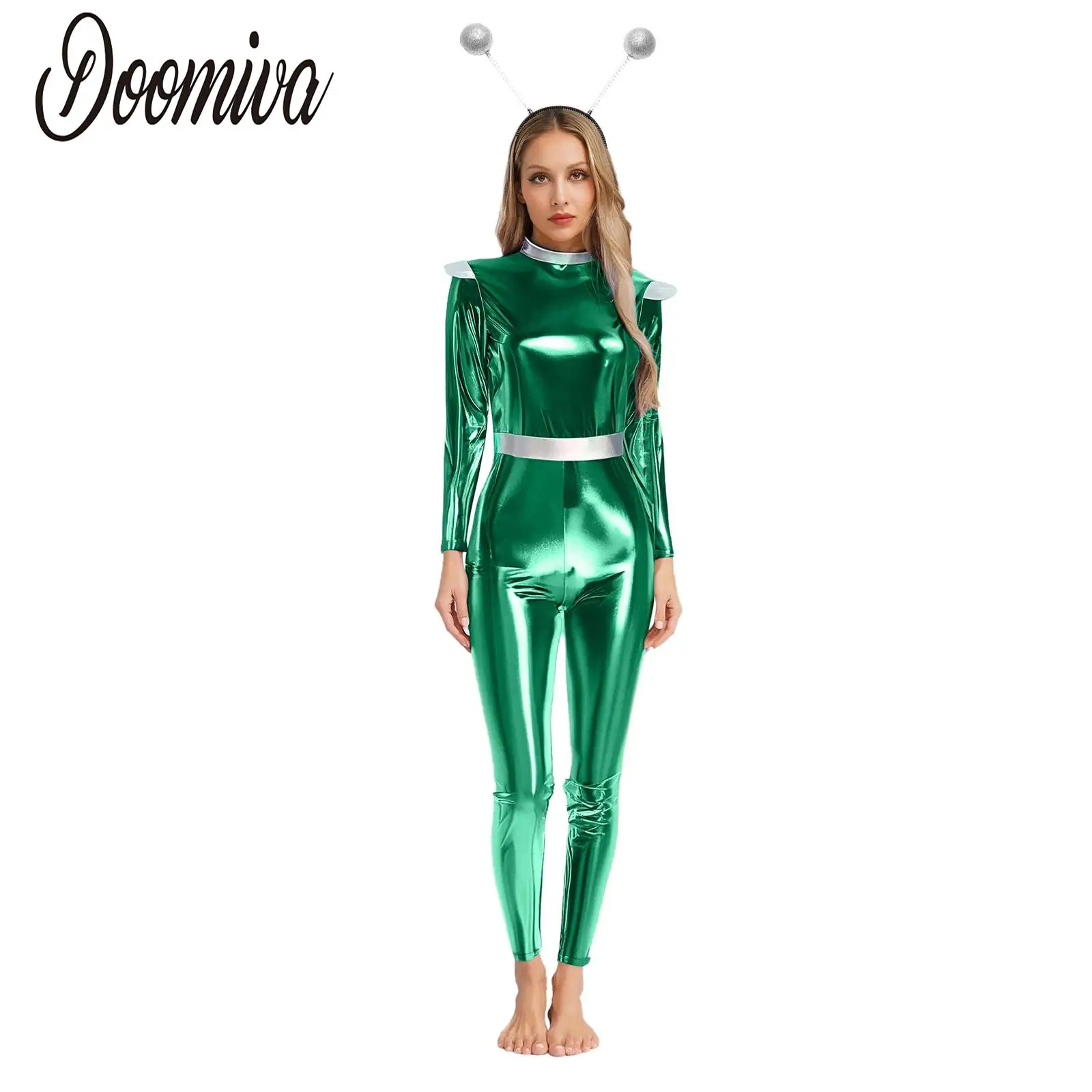 Women Sliver Alien Astronaut Costume Jumpsuit Metallic Shiny Robot Dress-up Carnival Party Cosplay Outfit with Alien Headband
Women Sliver Alien Astronaut Costume Jumpsuit Metallic Shiny Robot Dress-up Carnival Party Cosplay Outfit with Alien Headband