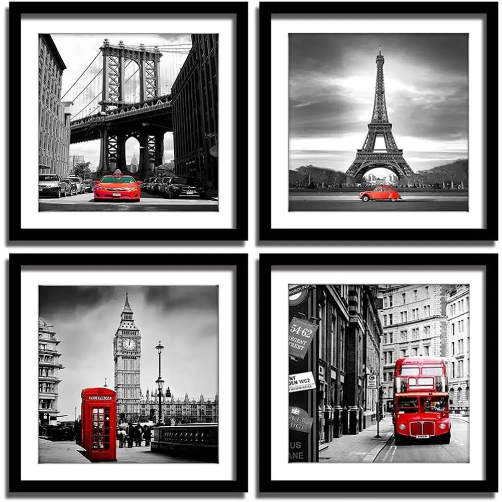 Stylish 4-Piece Black, White & Red Wall Art Set: Iconic Landmarks for Home Decor
Stylish 4-Piece Black, White & Red Wall Art Set: Iconic Landmarks for Home Decor