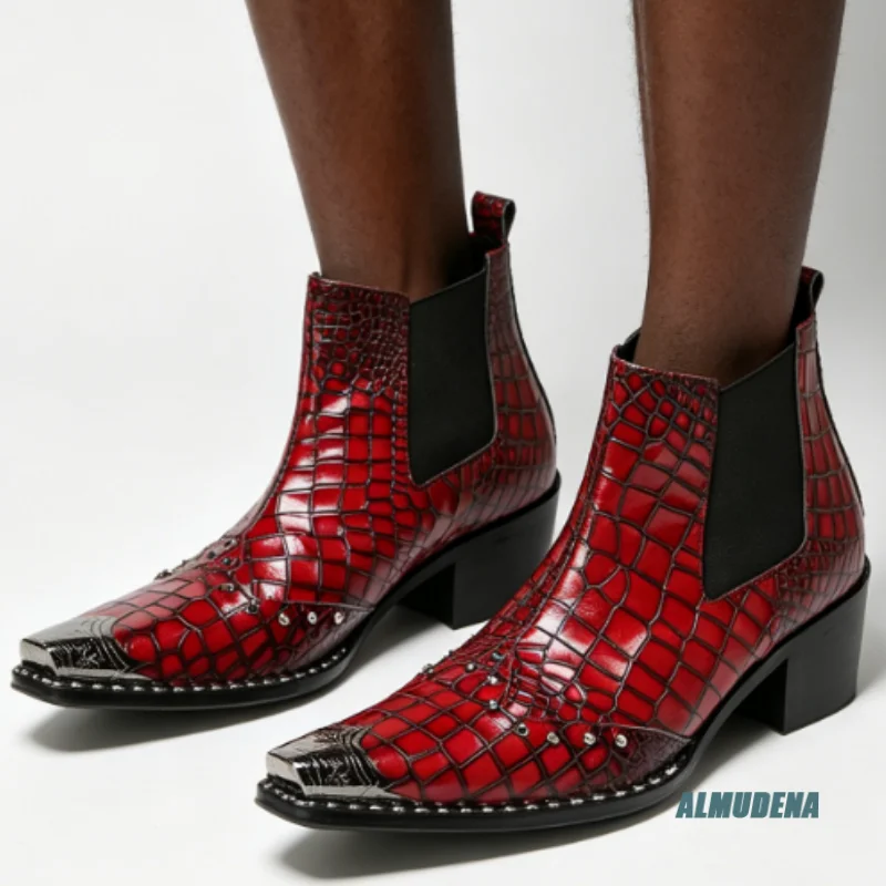 Glossy Red Croc Print Pointed Toe Low Heel Ankle Boots Men's Breathable Street Style Urban Club Stage Fashion Shoes
Glossy Red Croc Print Pointed Toe Low Heel Ankle Boots Men's Breathable Street Style Urban Club Stage Fashion Shoes