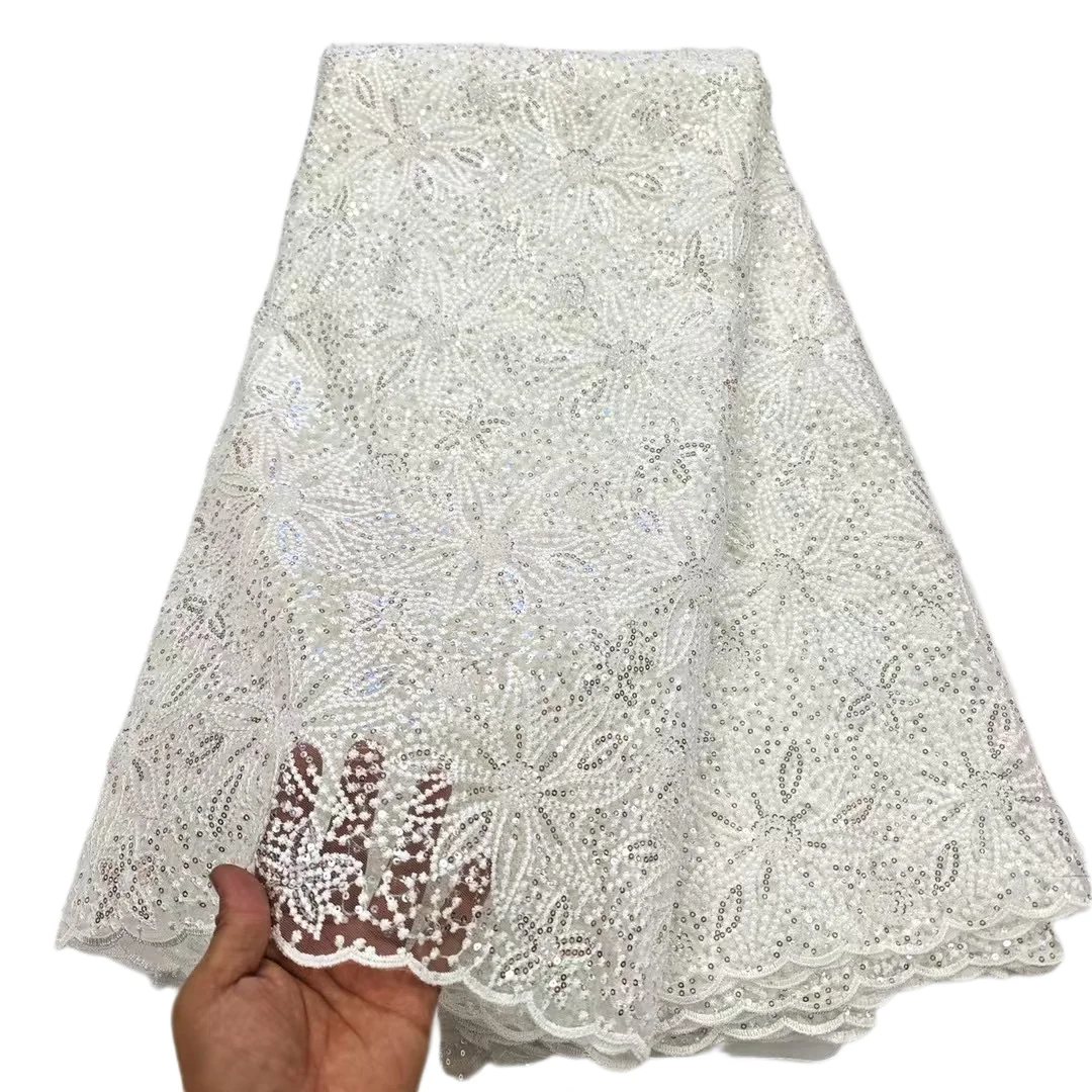 White Sequins African Lace Fabric 5 Yards Embroidered French Mesh Lace Fabric Sequence 2025 High Quality Nigerian Lace Fabrics
White Sequins African Lace Fabric 5 Yards Embroidered French Mesh Lace Fabric Sequence 2025 High Quality Nigerian Lace Fabrics