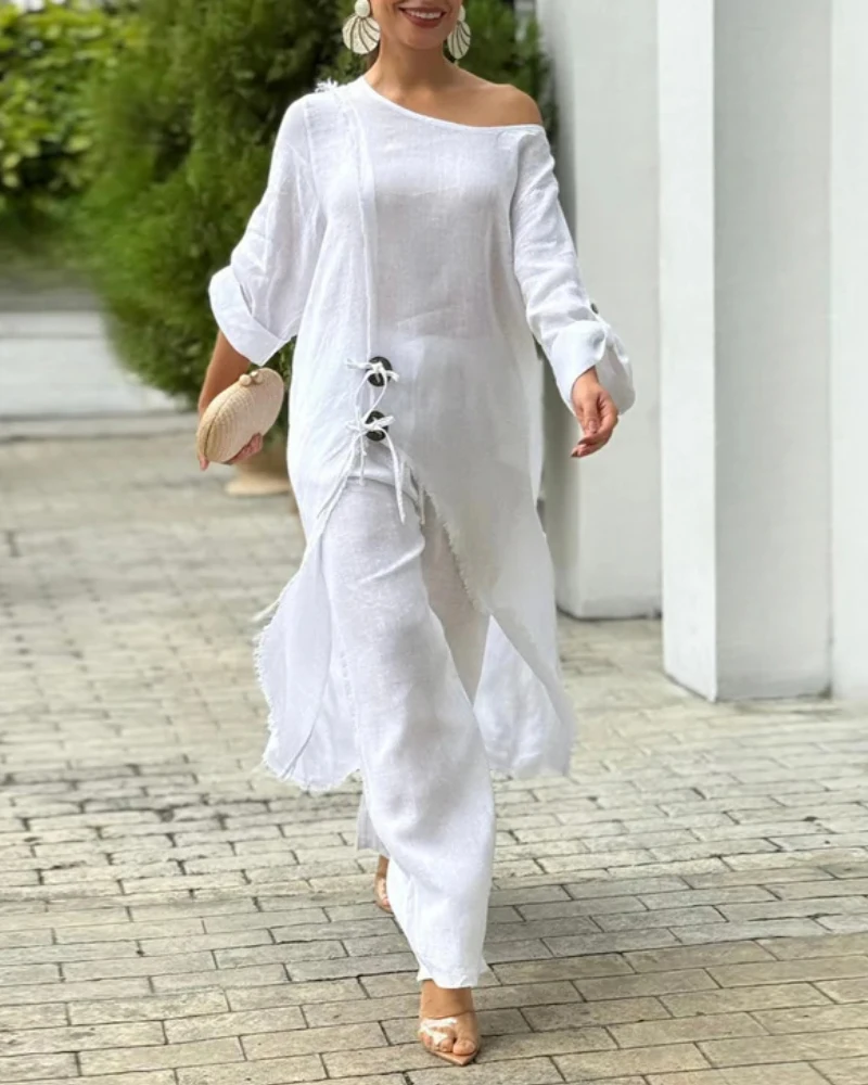 2025 Spring 2 Pieces Outfit Cold Shoulder Long Sleeve Lace Up Slit Top and Casual Wide Leg Pants Set
2025 Spring 2 Pieces Outfit Cold Shoulder Long Sleeve Lace Up Slit Top and Casual Wide Leg Pants Set