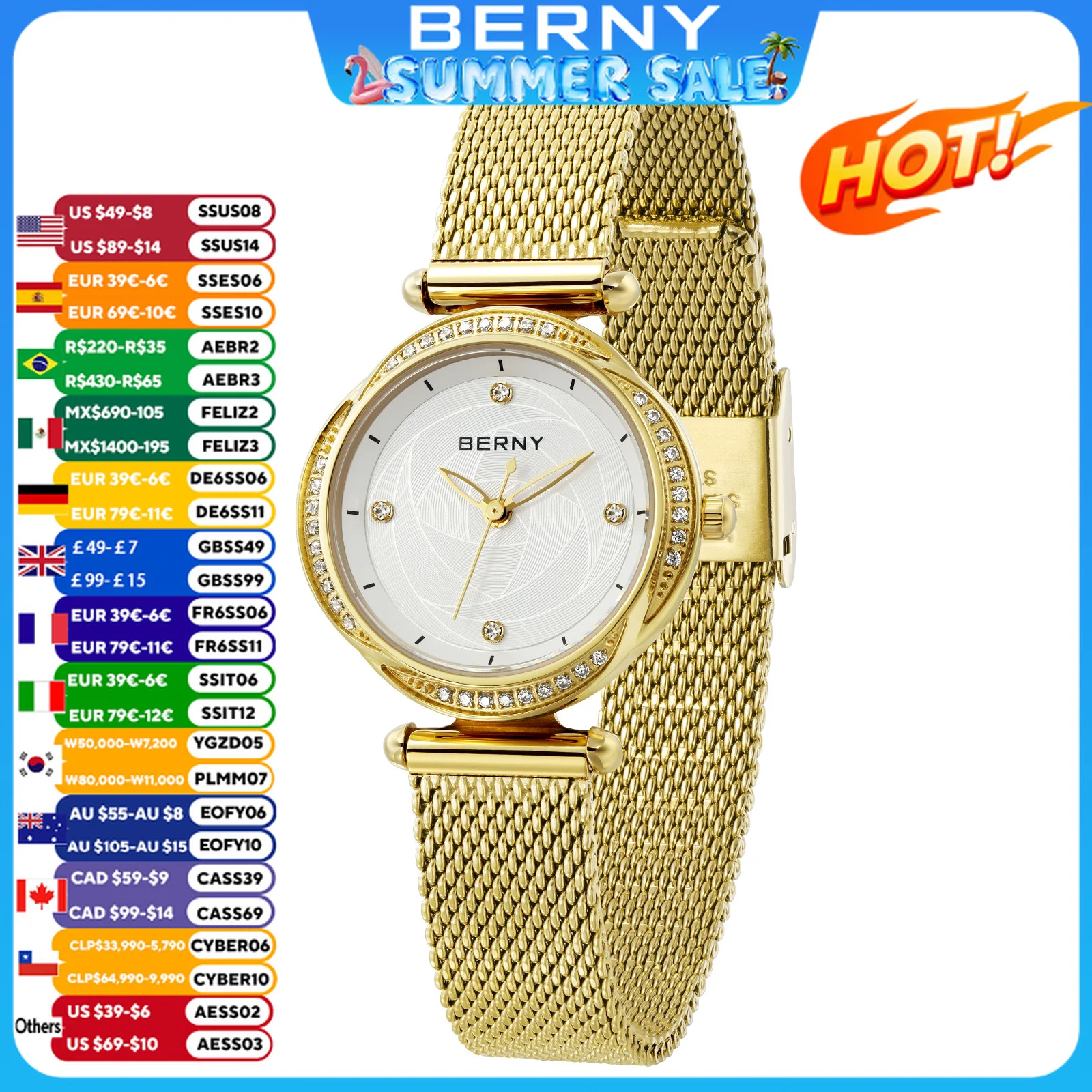 BERNY Quartz Gold Women's Watch Exquisite Sapphire Lens Waterproof Stainless Steel Mesh Strap Luxury Diamond Women Wristwatch
BERNY Quartz Gold Women's Watch Exquisite Sapphire Lens Waterproof Stainless Steel Mesh Strap Luxury Diamond Women Wristwatch