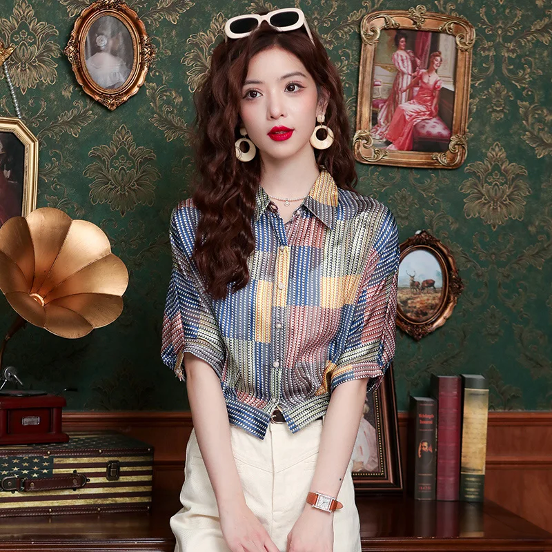 New Summer Short Sleeve Top Female Elegant Fashion Rainbow Plaid Loose Chiffon Shirts Woman Luxury Casual Blouse For Women Mq30
New Summer Short Sleeve Top Female Elegant Fashion Rainbow Plaid Loose Chiffon Shirts Woman Luxury Casual Blouse For Women Mq30