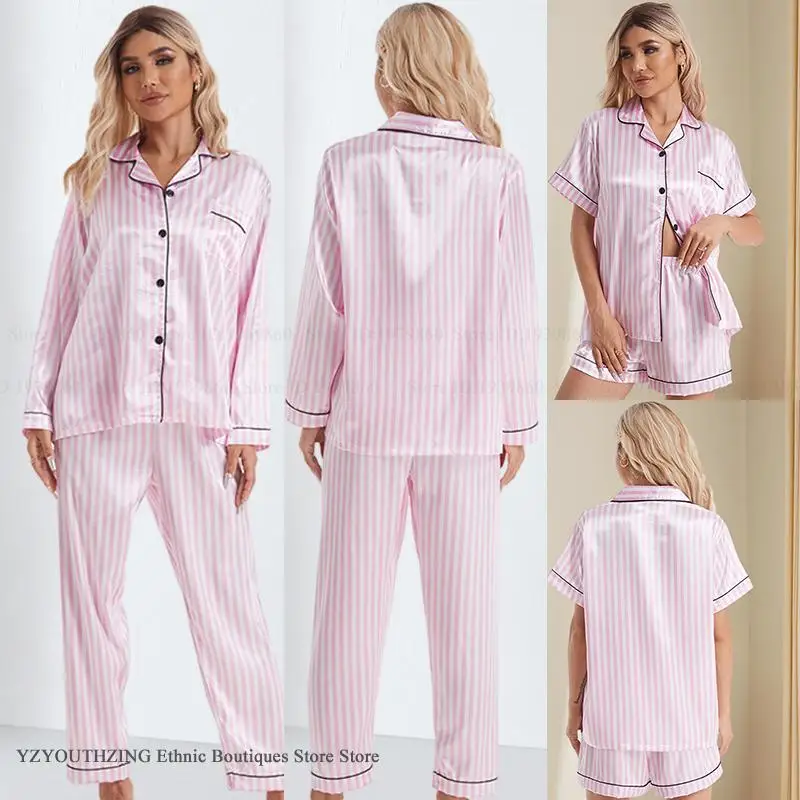 Spring Autumn New Female Pajamas Trouser Suit Pink Stripe Long Sleeve Pijama Set Silky Satin Women Sleepwear Pyjama Lounge Wear
Spring Autumn New Female Pajamas Trouser Suit Pink Stripe Long Sleeve Pijama Set Silky Satin Women Sleepwear Pyjama Lounge Wear