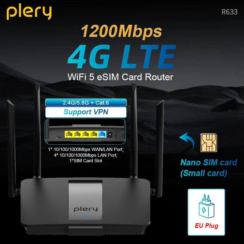 Маршрутизатор Plery 4G LTE Cat6, 1200 Мбит/с, двухдиапазонный Wi-Fi5, беспроводной, 5*гигабитных портов VPN, поддержка карты Nano SIM/eSIM, маршрутизаторы 4G, вилка европейского стандарта
Маршрутизатор Plery 4G LTE Cat6, 1200 Мбит/с, двухдиапазонный Wi-Fi5, беспроводной, 5*гигабитных портов VPN, поддержка карты Nano SIM/eSIM, маршрутизаторы 4G, вилка европейского стандарта