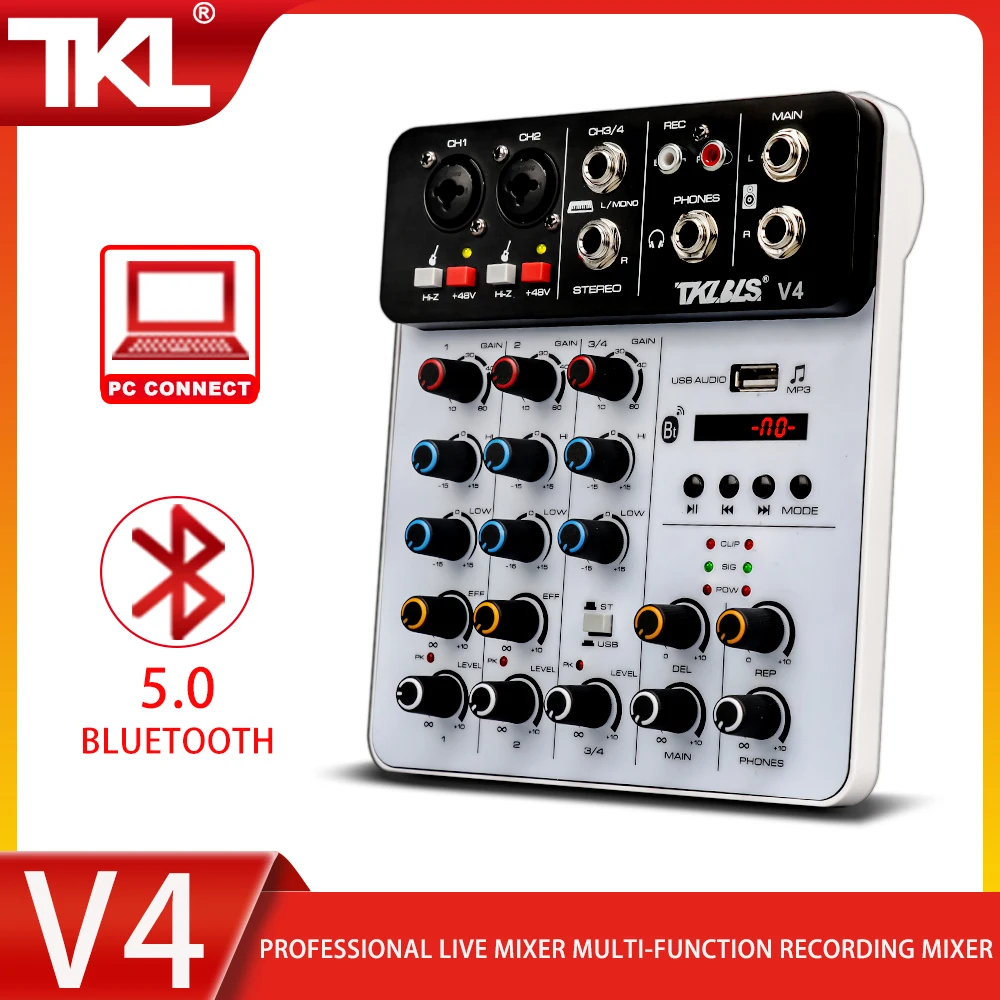 TKL 4 Channels Audio Mixer Bluetooth USB Record Computer 48V Phantom Power Delay Repaeat Effect Sound Mixing Console
TKL 4 Channels Audio Mixer Bluetooth USB Record Computer 48V Phantom Power Delay Repaeat Effect Sound Mixing Console
