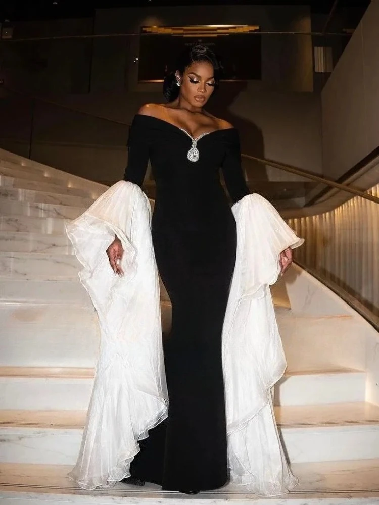 Saudi Arabia Modest Mermaid Prom Dresses Off Shoulder Long Flare Sleeves Formal Party Dress Elegant Cocktail Gowns
Saudi Arabia Modest Mermaid Prom Dresses Off Shoulder Long Flare Sleeves Formal Party Dress Elegant Cocktail Gowns
