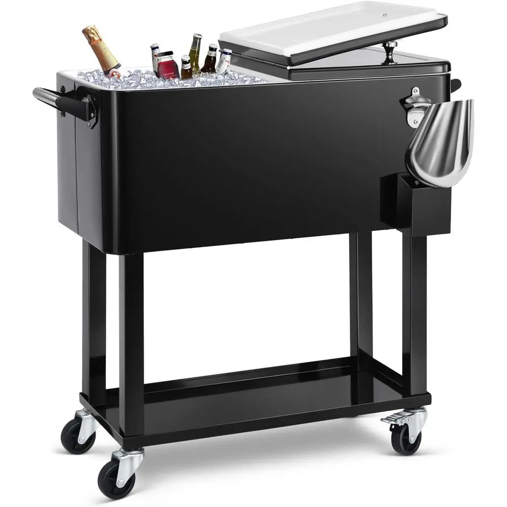 80-Quart Portable Rolling Cooler Cart for Outdoor Parties with Beverage Stand and Ice Scoop
80-Quart Portable Rolling Cooler Cart for Outdoor Parties with Beverage Stand and Ice Scoop
