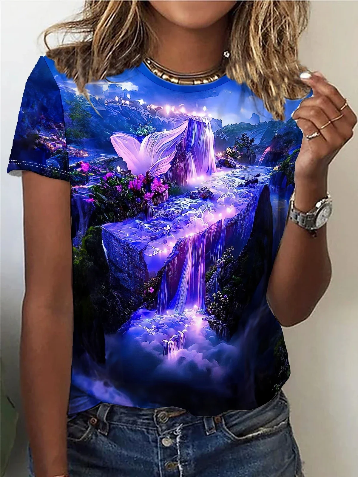 Women's Clothing Purple Waterfall Print T-shirt, Casual Crew Neck Short Sleeve Top for Spring & Summer
Women's Clothing Purple Waterfall Print T-shirt, Casual Crew Neck Short Sleeve Top for Spring & Summer