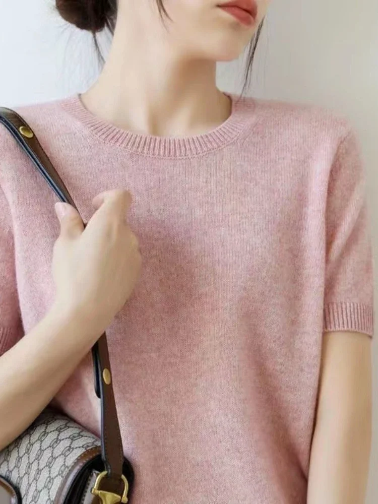 Summer Female Knit T-shirts Casual Loose Slim Sweater Top Office Lady Short Sleeve O-neck Tee Solid Color Fashion Women Clothes
Summer Female Knit T-shirts Casual Loose Slim Sweater Top Office Lady Short Sleeve O-neck Tee Solid Color Fashion Women Clothes