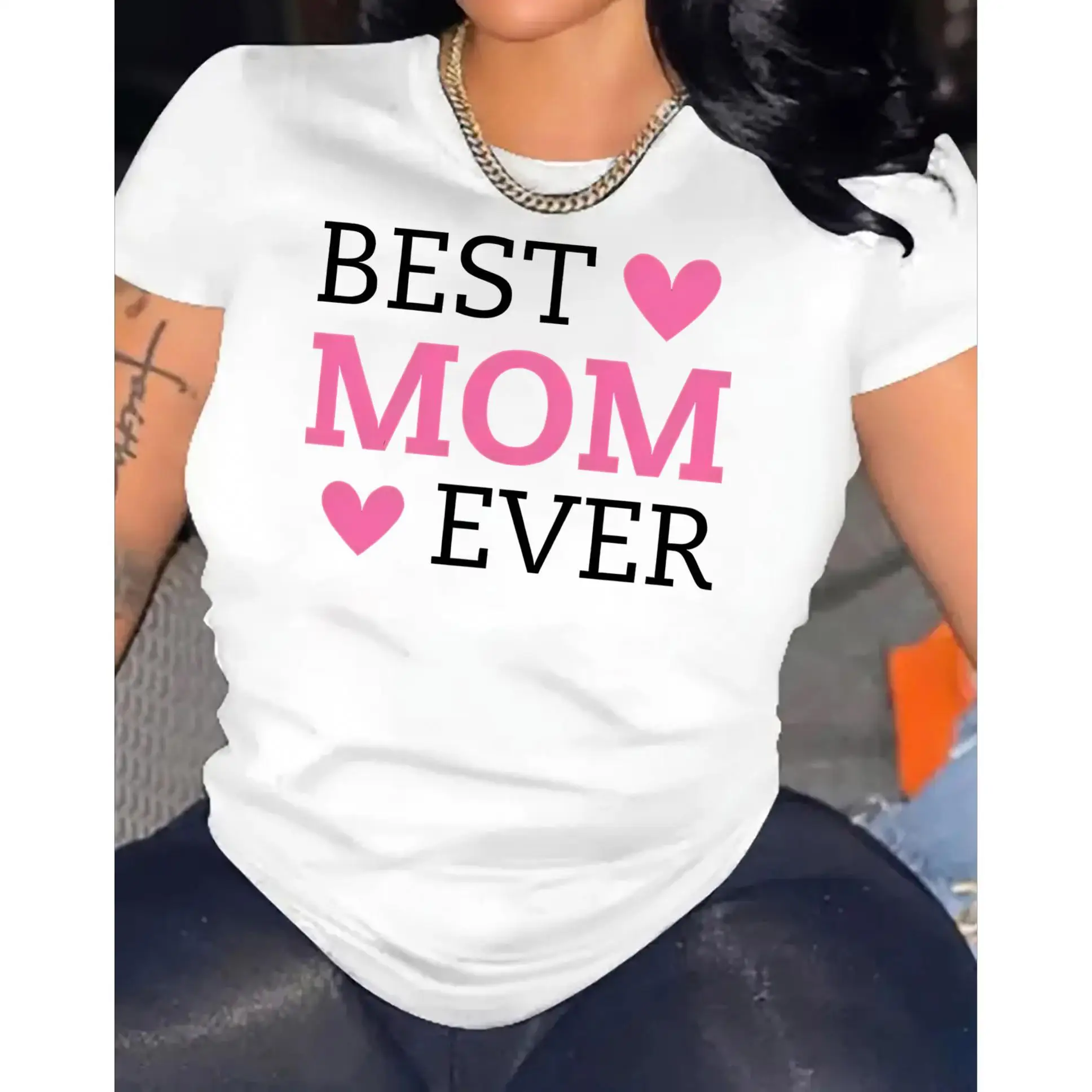 Best Mom Ever" Black T-Shirt for Women - Casual & Comfy with Pink Heart Accents, Round Neck, Short Sleeve,Idea for Spring/Summer
Best Mom Ever" Black T-Shirt for Women - Casual & Comfy with Pink Heart Accents, Round Neck, Short Sleeve,Idea for Spring/Summer