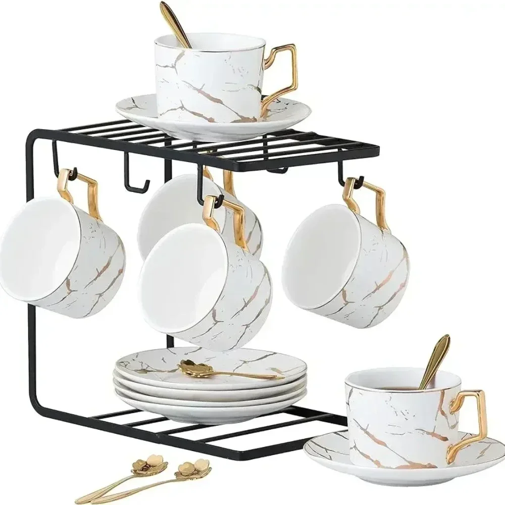 Claytonic 6-Hand Printed Golden Marble Matte Black Ceramic Tea Coffee/Tea Cups with Spoons and Cup Holder,
Claytonic 6-Hand Printed Golden Marble Matte Black Ceramic Tea Coffee/Tea Cups with Spoons and Cup Holder,