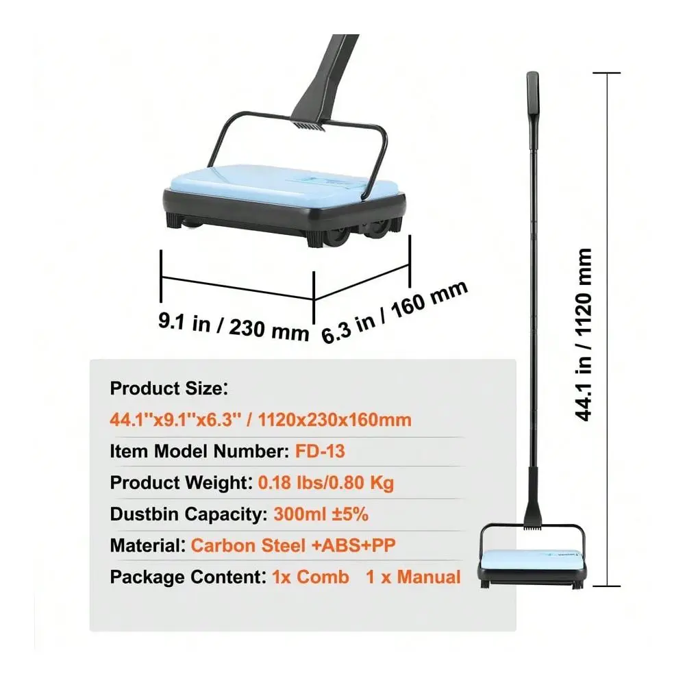 Sweeper, 7.87 In Sweeping Paths, Floor Sweeper Manual Non Electric, 300 Ml Dustbin Capacity With Comb For Home Office Rugs Hard
Sweeper, 7.87 In Sweeping Paths, Floor Sweeper Manual Non Electric, 300 Ml Dustbin Capacity With Comb For Home Office Rugs Hard