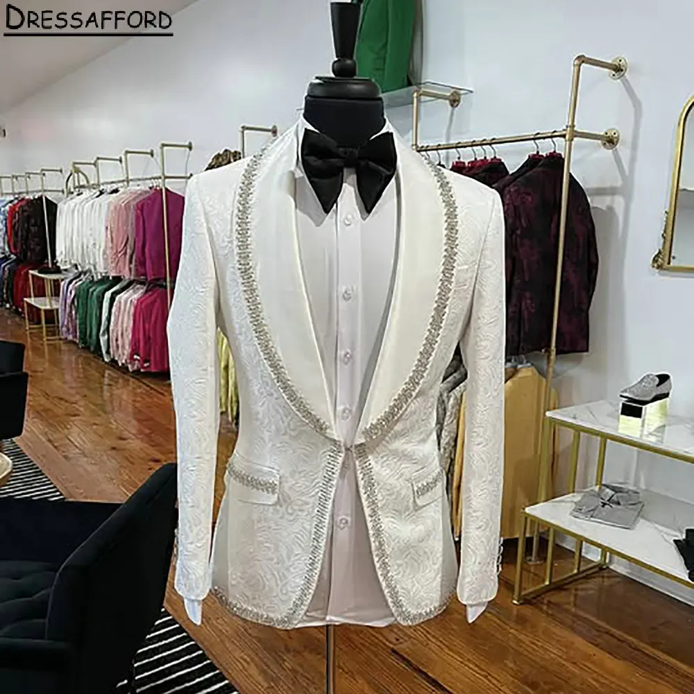 White Jacquard Men Suits For Wedding Beading Crystal Groom Tuxedos 2 Pieces Jacket Pants Prom Blazers Customized
White Jacquard Men Suits For Wedding Beading Crystal Groom Tuxedos 2 Pieces Jacket Pants Prom Blazers Customized