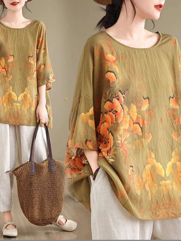 Loose Casual Cotton Linen Women's T-shirt round Neck Batwing Sleeve Base Shirt Ethnic Style Summer Top New Arrival
Loose Casual Cotton Linen Women's T-shirt round Neck Batwing Sleeve Base Shirt Ethnic Style Summer Top New Arrival