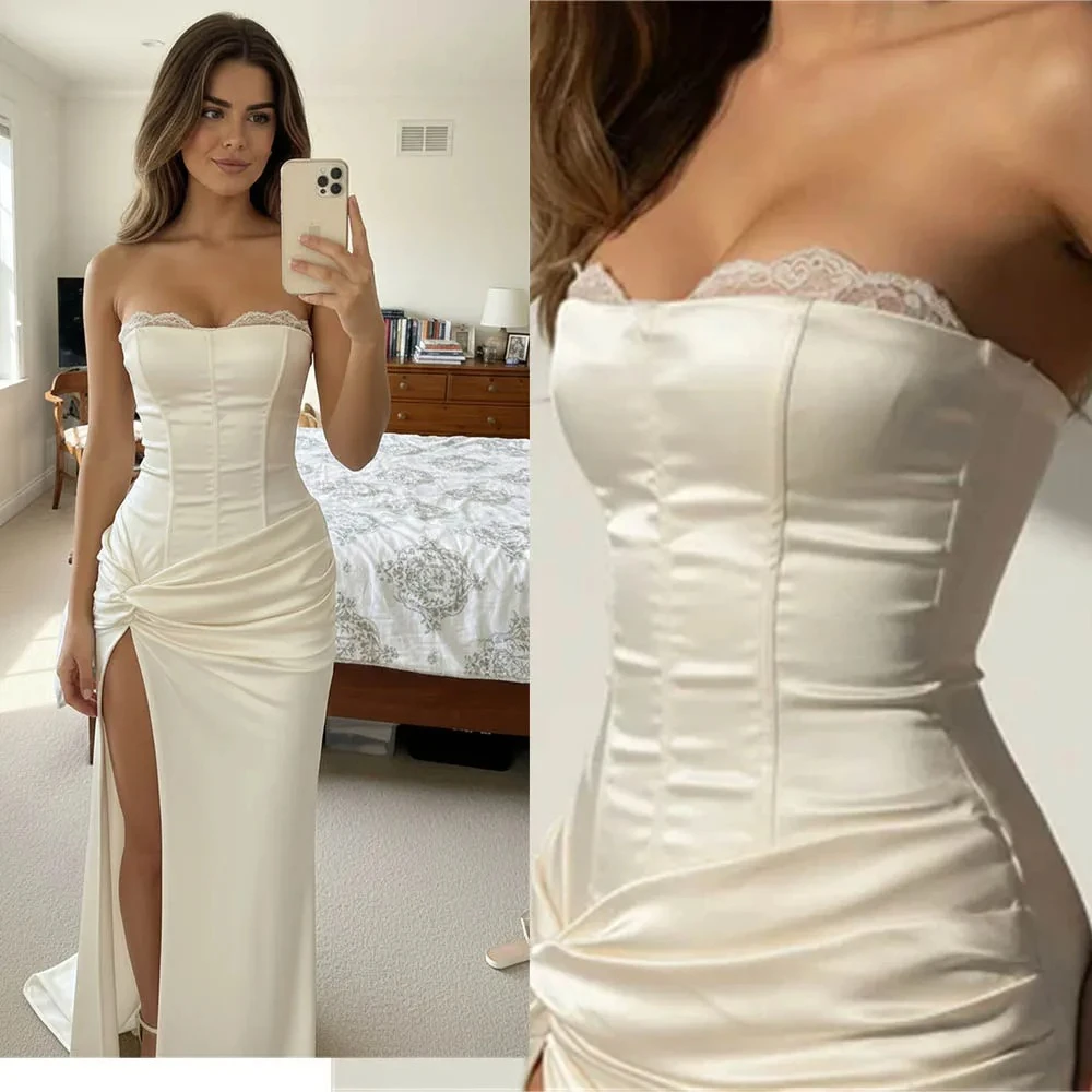 Customized Simple Sweetheart Strapless Satin Sheath Wedding Dress Made Side Slit Lace Trim Bodice Ruched Knot Floor Length
Customized Simple Sweetheart Strapless Satin Sheath Wedding Dress Made Side Slit Lace Trim Bodice Ruched Knot Floor Length
