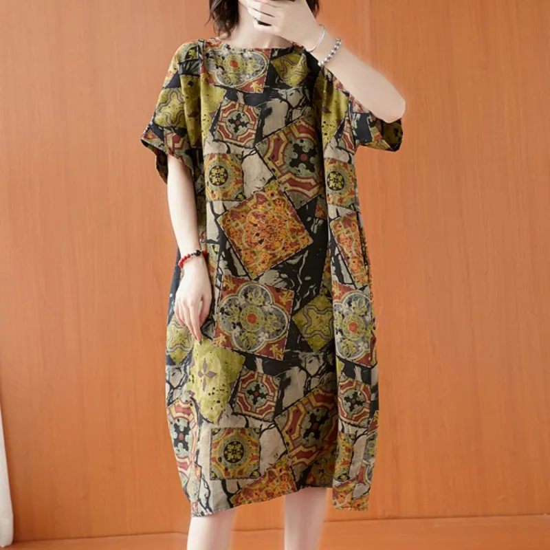 Retro plus Size Women's Dress Summer Loose Print Shape Belly Cover Mid-Length Cotton Linen Dress for Body Type
Retro plus Size Women's Dress Summer Loose Print Shape Belly Cover Mid-Length Cotton Linen Dress for Body Type