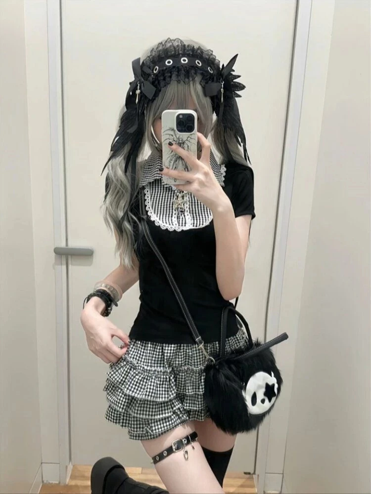Women's Plaid Shirt And Cake Skirt Set Slim Fit Spring Fashionable Two-Piece Outfit Black White Classic Print Short Sleeve
Women's Plaid Shirt And Cake Skirt Set Slim Fit Spring Fashionable Two-Piece Outfit Black White Classic Print Short Sleeve