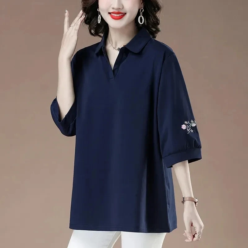 Cotton Lapel Collar Mid Sleeved T-shirt For Women Spring Summer New Large Size Women's Tshirts Tee Mother Loose Shirt Tops 4XL
Cotton Lapel Collar Mid Sleeved T-shirt For Women Spring Summer New Large Size Women's Tshirts Tee Mother Loose Shirt Tops 4XL