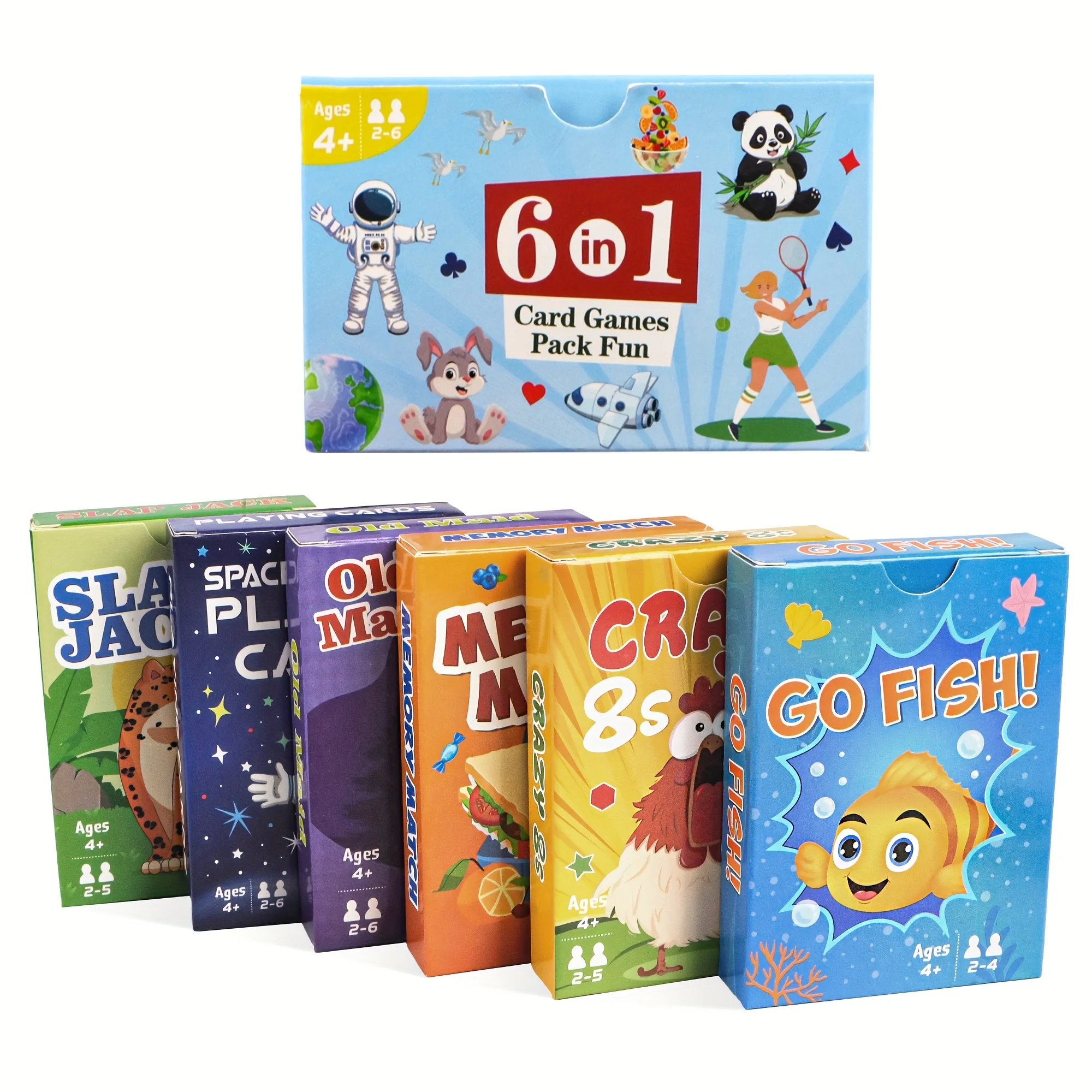 6 in 1 Kids Card Games: Go Fish, Old Maid, Memory Match, Slap Jack, Crazy 8s, Space Playing Cards; Children Birthday Gift
6 in 1 Kids Card Games: Go Fish, Old Maid, Memory Match, Slap Jack, Crazy 8s, Space Playing Cards; Children Birthday Gift