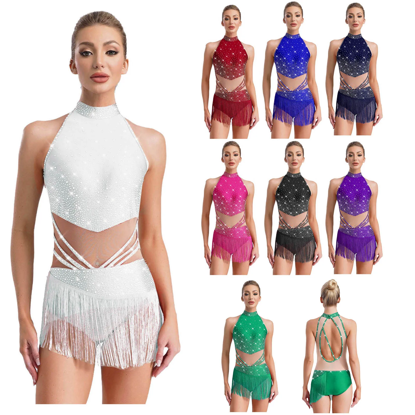 Women Latin Jazz Dance Bodysuit Sleeveless Rhinestones Mesh Tassels Figure Skating Gymnastics Samba Cha-cha Tango Leotard Dress
Women Latin Jazz Dance Bodysuit Sleeveless Rhinestones Mesh Tassels Figure Skating Gymnastics Samba Cha-cha Tango Leotard Dress