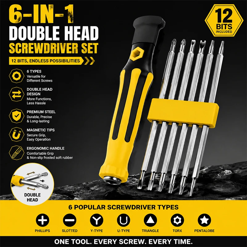6-in-1 double-headed manual screwdriver set including 12 different shapes of household disassembly magnetic screwdriver bits
6-in-1 double-headed manual screwdriver set including 12 different shapes of household disassembly magnetic screwdriver bits