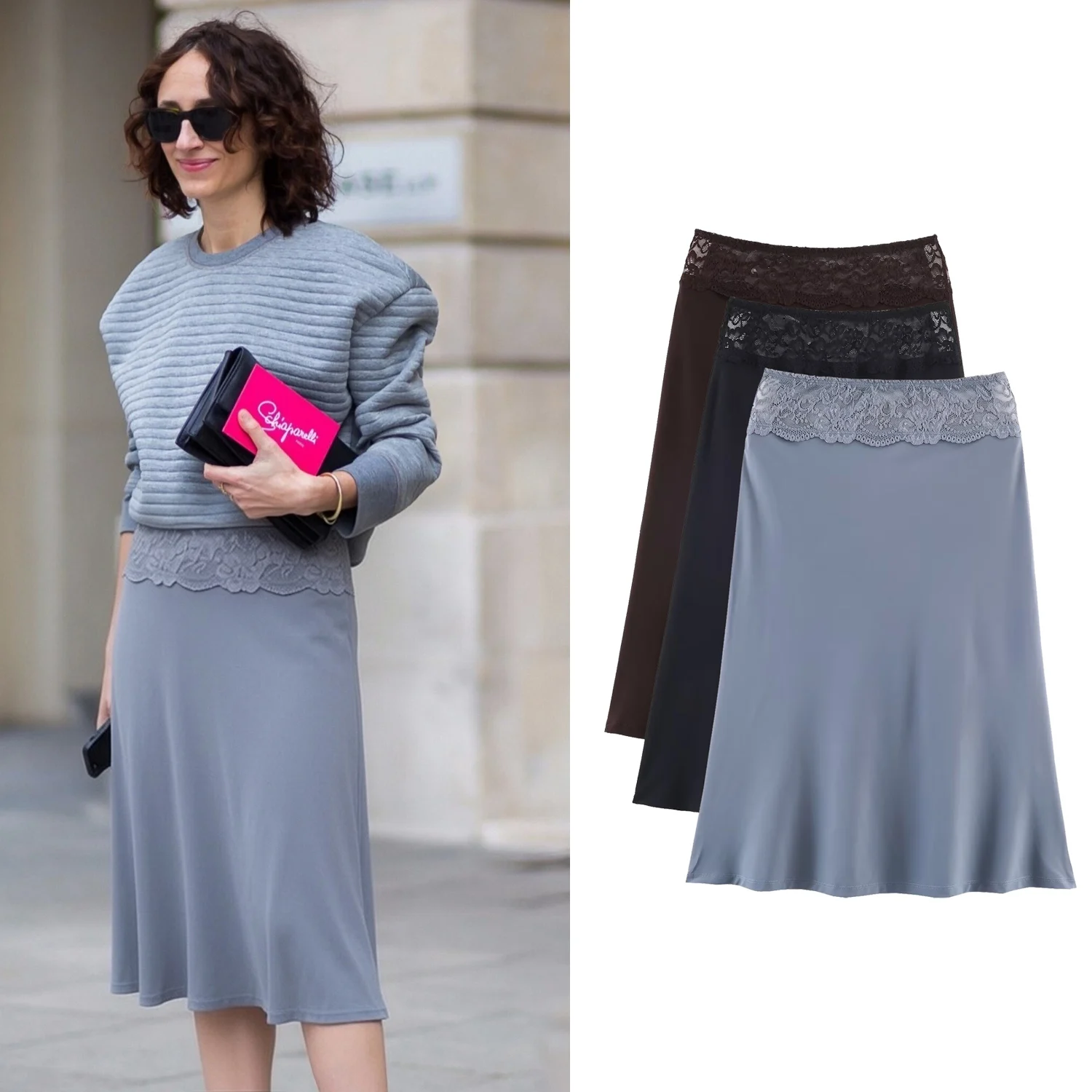 Women Satin Midi Skirts Summer New Female High Waist A-Line Lace Patchwork Skirt Lady Solid Elegant Slim Daily Half Skirt
Women Satin Midi Skirts Summer New Female High Waist A-Line Lace Patchwork Skirt Lady Solid Elegant Slim Daily Half Skirt