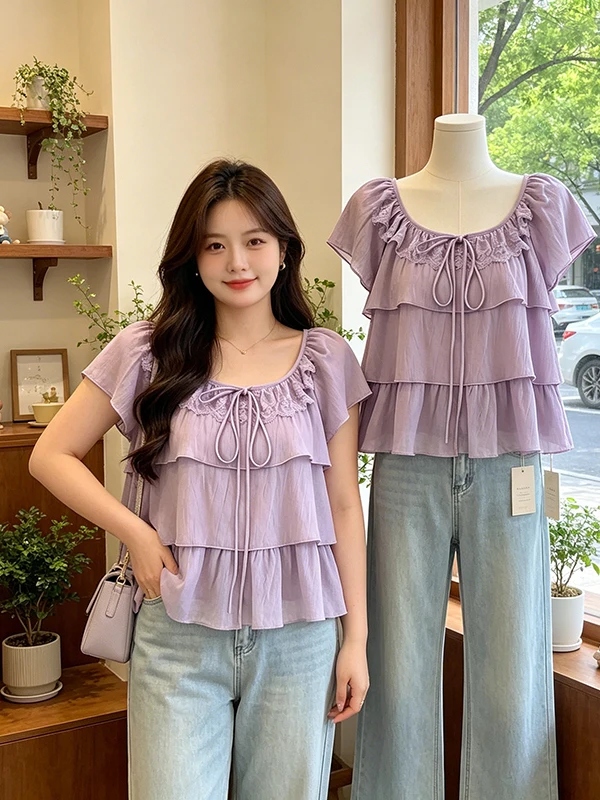 Korean Style Large Size Lace Splice Short Sleeve Chiffon Shirt Women's Summer New Cake Gauze Elegant Top Trendy Blouse
Korean Style Large Size Lace Splice Short Sleeve Chiffon Shirt Women's Summer New Cake Gauze Elegant Top Trendy Blouse