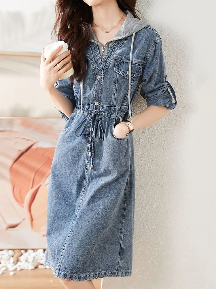 Fake Two Pieces Splicing Denim Dress Women's Retro Chic Drawstring Lace Up Long Sleeve Hooded Dresses New Casual Pockets Dress
Fake Two Pieces Splicing Denim Dress Women's Retro Chic Drawstring Lace Up Long Sleeve Hooded Dresses New Casual Pockets Dress