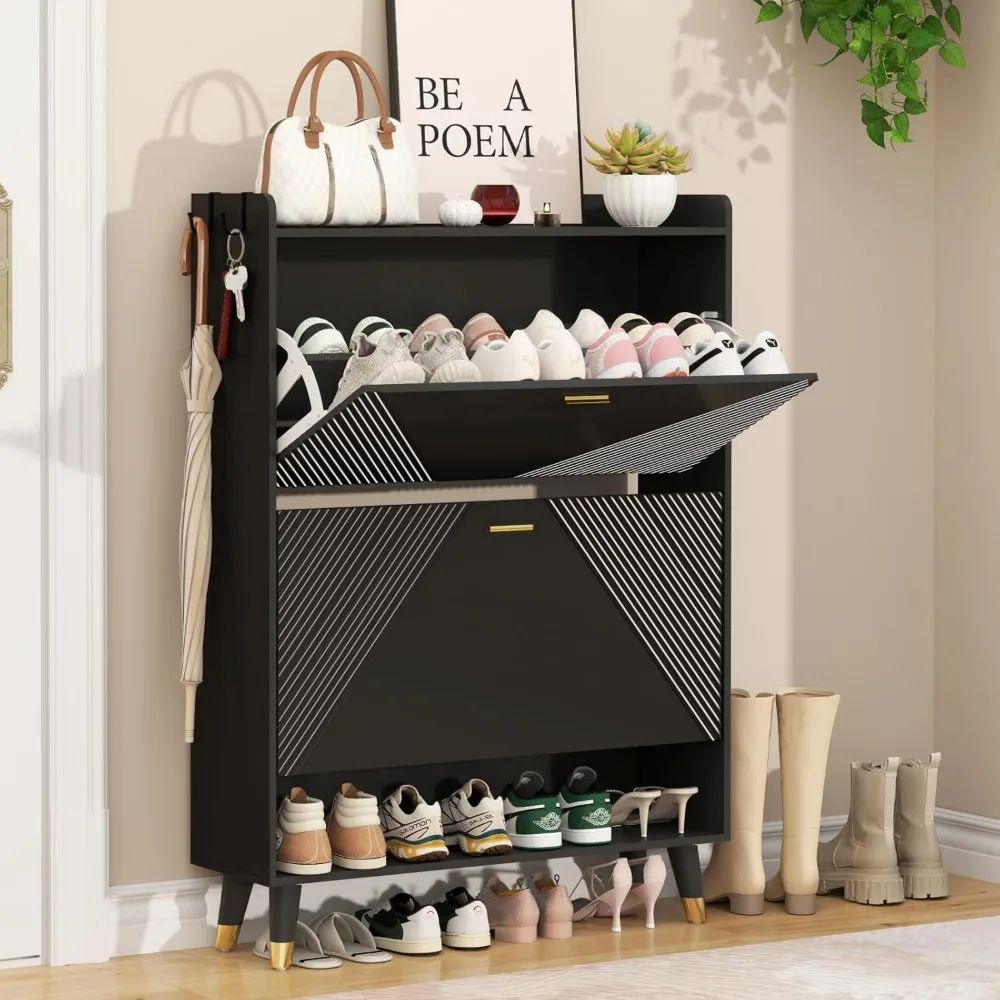 Shoe Cabinet Slim Freestanding Shoe Rack Organizer with 2 Flip Drawers & Coat Hooks, Space Saving Narrow Entryway Shoe Storage
Shoe Cabinet Slim Freestanding Shoe Rack Organizer with 2 Flip Drawers & Coat Hooks, Space Saving Narrow Entryway Shoe Storage