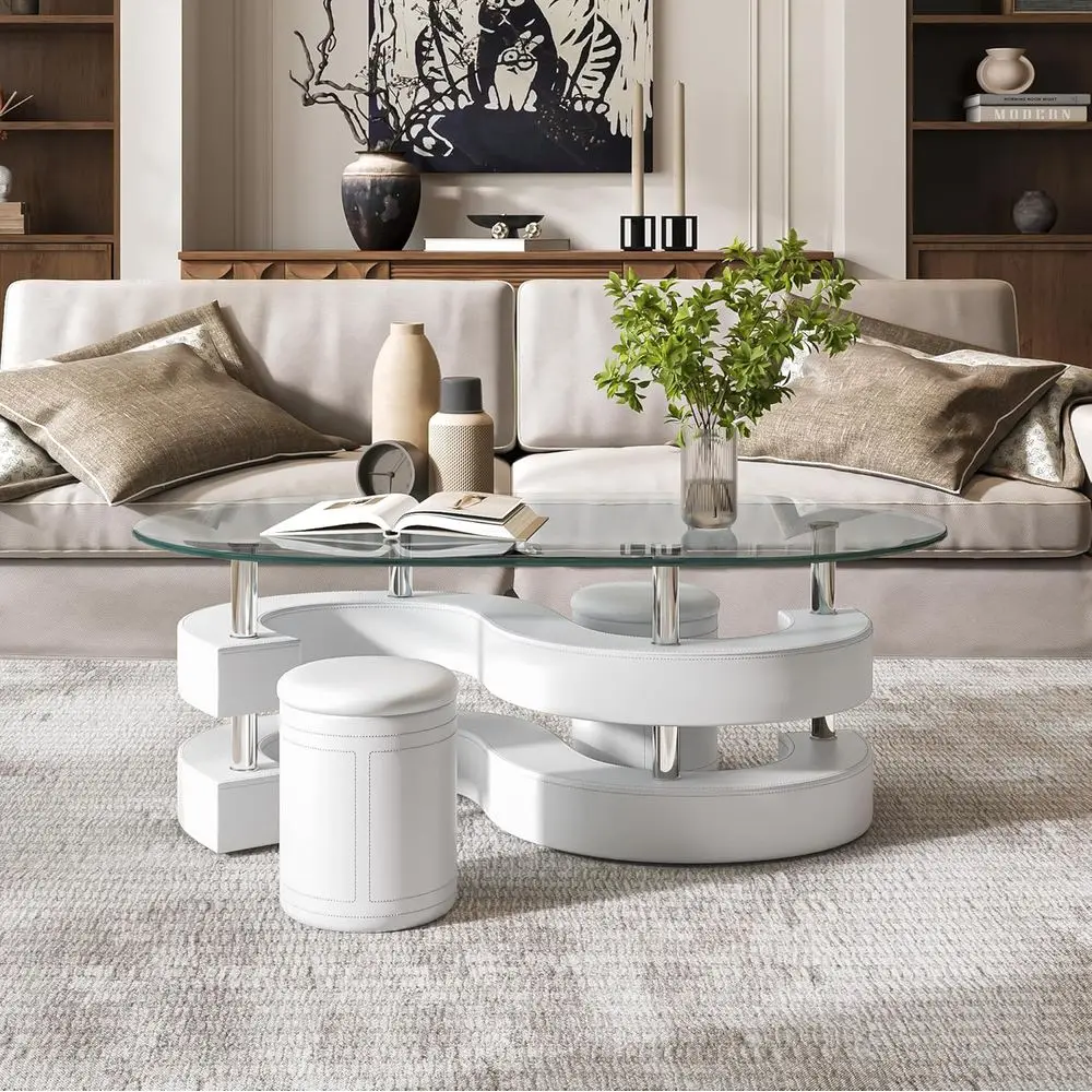 Glass Coee Table Set with 2 Stools, 49" Oval Coee Table with Tempered-Glass Table Top and 2 Leather Stools, ern Center Table Set
Glass Coee Table Set with 2 Stools, 49" Oval Coee Table with Tempered-Glass Table Top and 2 Leather Stools, ern Center Table Set