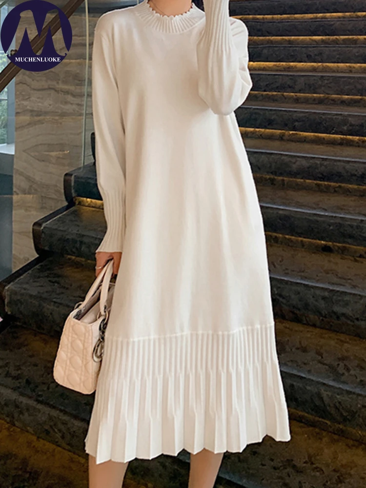 Womens Dresses Autumn/Winter New Loose O Neck Knitted Mid Length Sweaters Dress Fashion Casual Appear Thin High Waisted Dresses
Womens Dresses Autumn/Winter New Loose O Neck Knitted Mid Length Sweaters Dress Fashion Casual Appear Thin High Waisted Dresses
