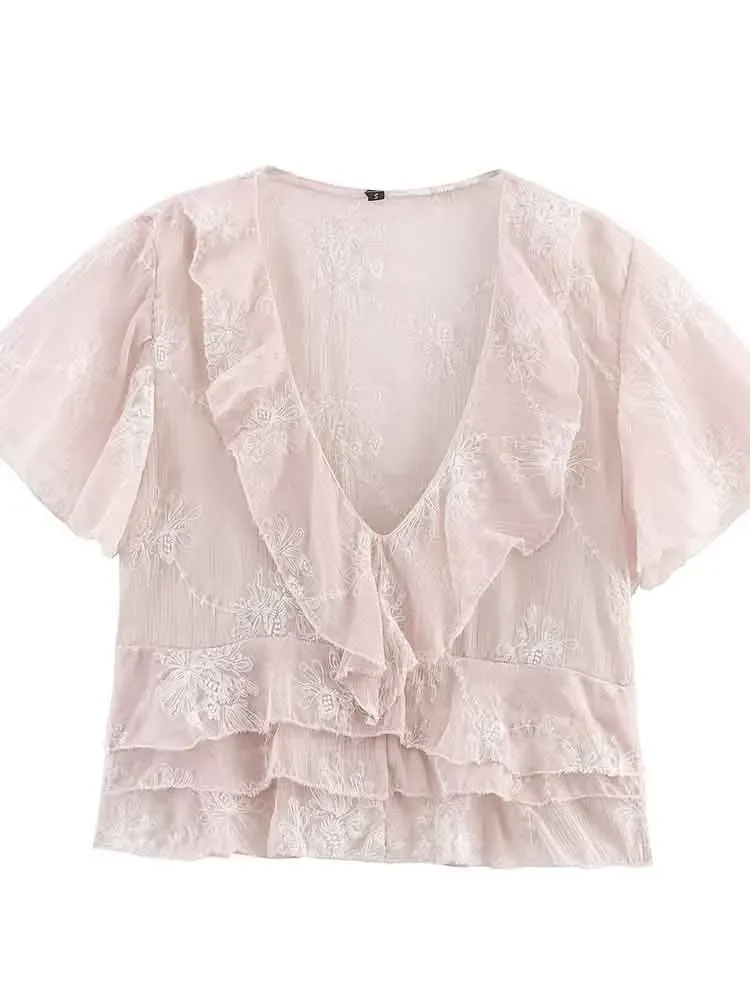 European style new women's fashion versatile temperament ruffle layered V-neck short-sleeved embroidered top
European style new women's fashion versatile temperament ruffle layered V-neck short-sleeved embroidered top