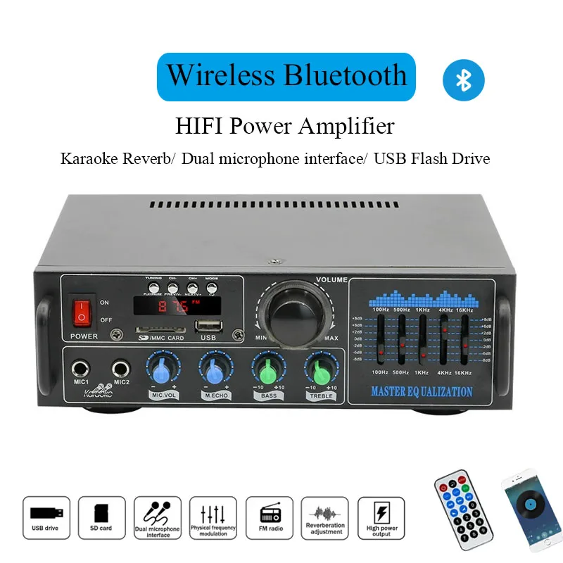 Высокомощный Bluetooth-усилитель, канал 2,0, Hi-Fi усилители, регулировка басов и высоких частот для домашнего караоке, система громкой связи
Высокомощный Bluetooth-усилитель, канал 2,0, Hi-Fi усилители, регулировка басов и высоких частот для домашнего караоке, система громкой связи