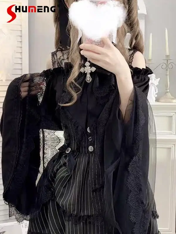 Women's Gothic Cos Lo Blouses Tops Japanese New Mine Series Mass-produced Ji Sleeve Lace Cross Off-Shoulder Black Red Shirt
Women's Gothic Cos Lo Blouses Tops Japanese New Mine Series Mass-produced Ji Sleeve Lace Cross Off-Shoulder Black Red Shirt