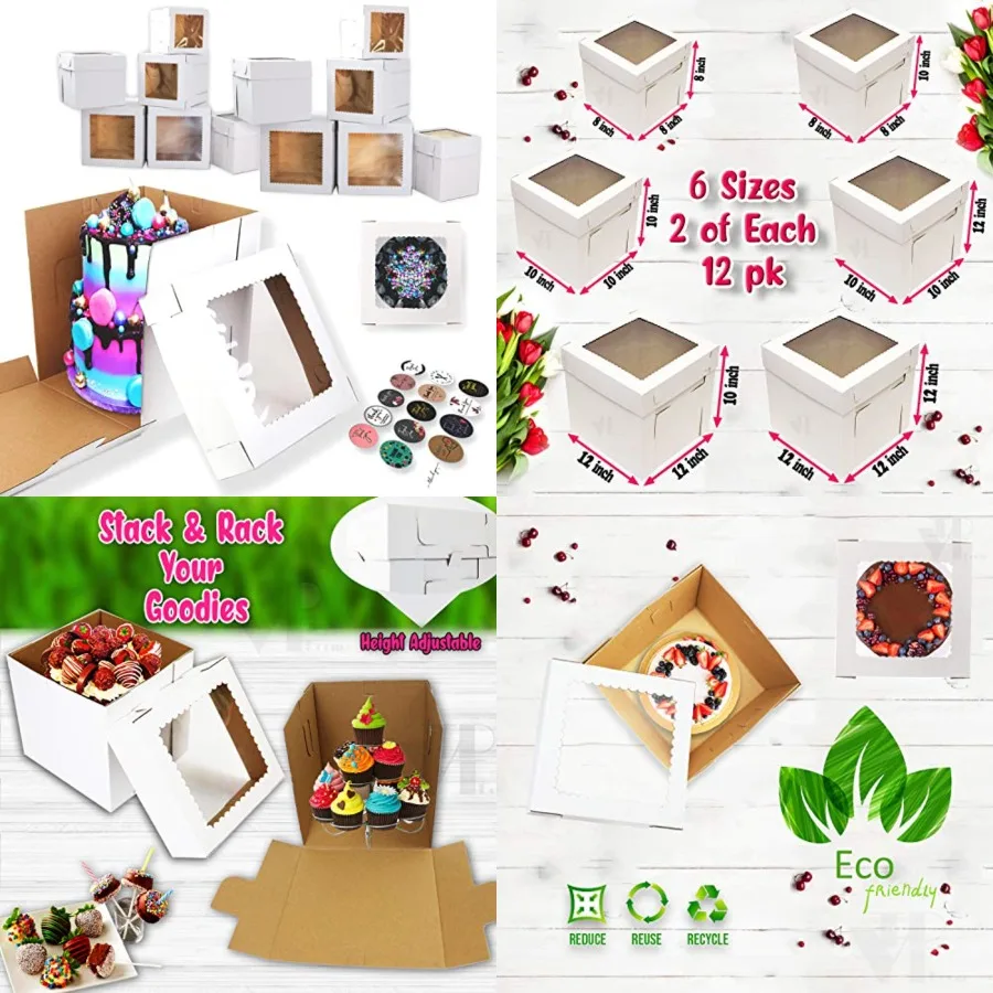 12 Pcs Tall Cake Boxes with Window in 6 Sizes + 15 Thank You Stickers 12x12 10x10 8x8, Bakery Boxes disposable carrier take out
12 Pcs Tall Cake Boxes with Window in 6 Sizes + 15 Thank You Stickers 12x12 10x10 8x8, Bakery Boxes disposable carrier take out