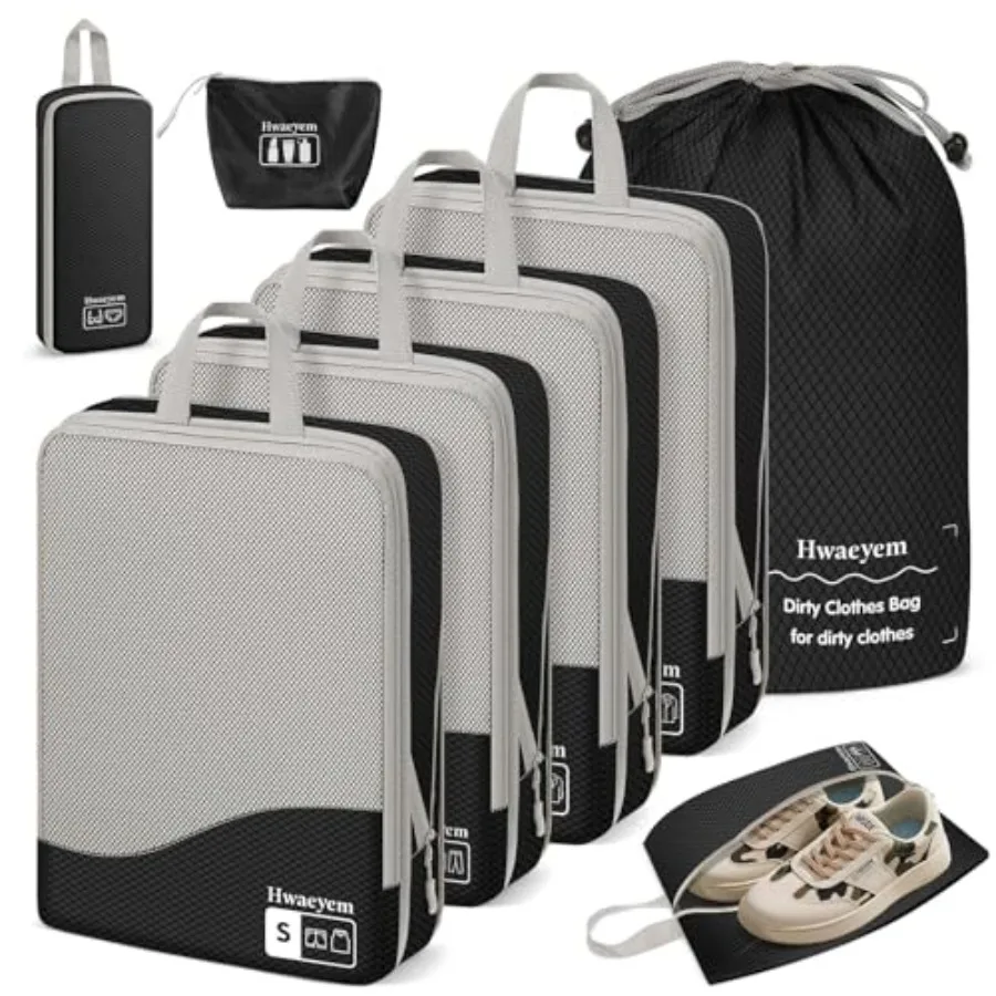 Compression Packing Cubes 8 Set Dual Zipper See-Through Mesh Travel Packing Bags for Suitcases with Shoe Bag Black
Compression Packing Cubes 8 Set Dual Zipper See-Through Mesh Travel Packing Bags for Suitcases with Shoe Bag Black