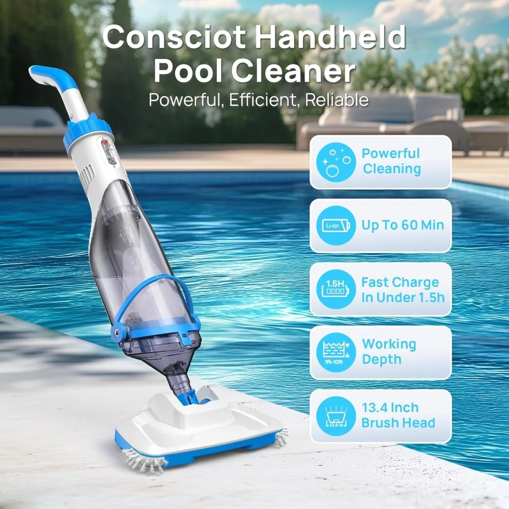 Consciot Pool Vacuum for Above Ground Pool & Inground Pool Rechargeable Handheld Cleaner with Telescopic Pole,18.5 GPM Suction
Consciot Pool Vacuum for Above Ground Pool & Inground Pool Rechargeable Handheld Cleaner with Telescopic Pole,18.5 GPM Suction