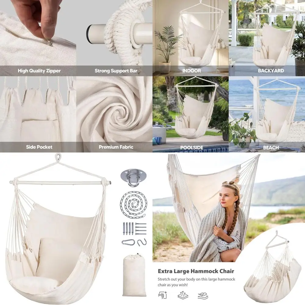 Hammock Chair Hanging Rope Swing Seat-Max 450lbs acity, Extra Large Hanging Swing with Metal Support Bar, Side ket, Beige
Hammock Chair Hanging Rope Swing Seat-Max 450lbs acity, Extra Large Hanging Swing with Metal Support Bar, Side ket, Beige