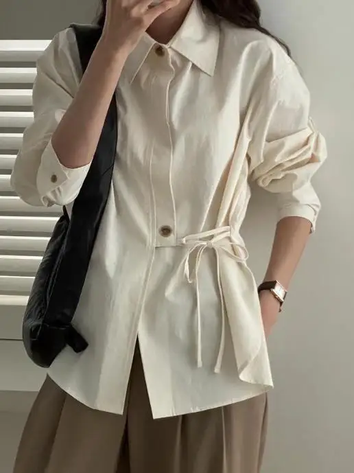 2025 Autumn Solid Color Lapel Tie Slim Fit Simple Temperament Design Sense Women's British Solid Color Long Sleeved Shirt
2025 Autumn Solid Color Lapel Tie Slim Fit Simple Temperament Design Sense Women's British Solid Color Long Sleeved Shirt