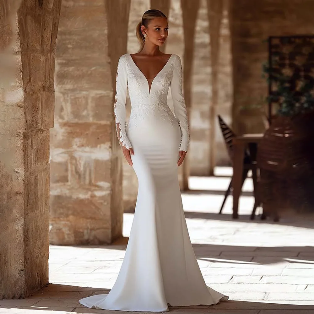 Elegant Mermaid Wedding Dresses Women Open Back V-Neck Lace Appliques Bridal Gown Vestidos De Novia Customized
Elegant Mermaid Wedding Dresses Women Open Back V-Neck Lace Appliques Bridal Gown Vestidos De Novia Customized