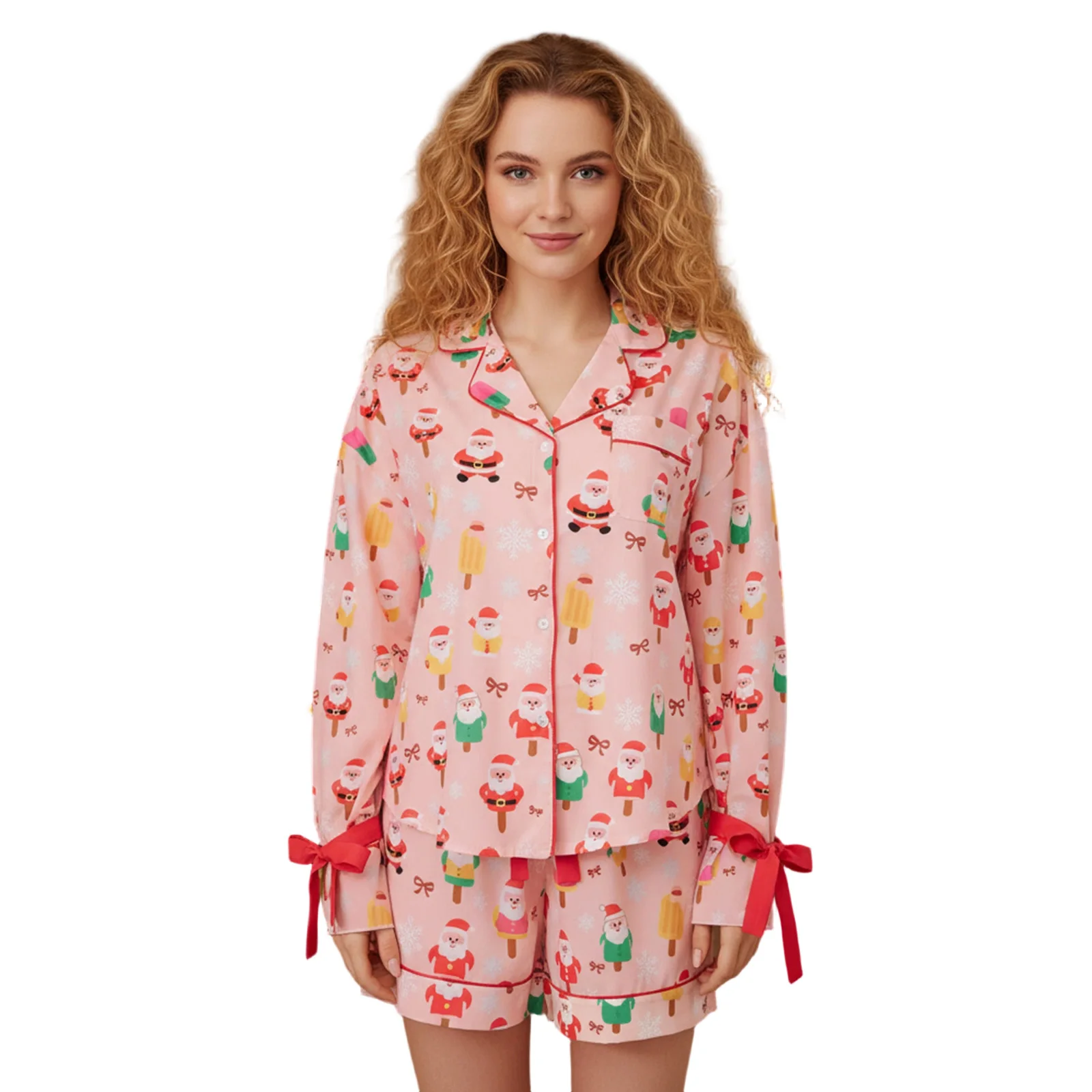 Women 2 Piece Christmas Pajama Set Santa Print Long Sleeve Button-up Tops and Elastic Waist Shorts
Women 2 Piece Christmas Pajama Set Santa Print Long Sleeve Button-up Tops and Elastic Waist Shorts